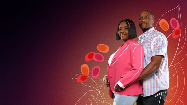 Victoria Gray and her husband Earl stand together, surrounded by illustrations of blood cells and DNA. 