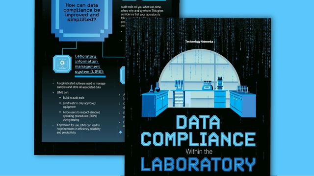 Lab bench with data falling down the page and titled data compliance within the laboratory 