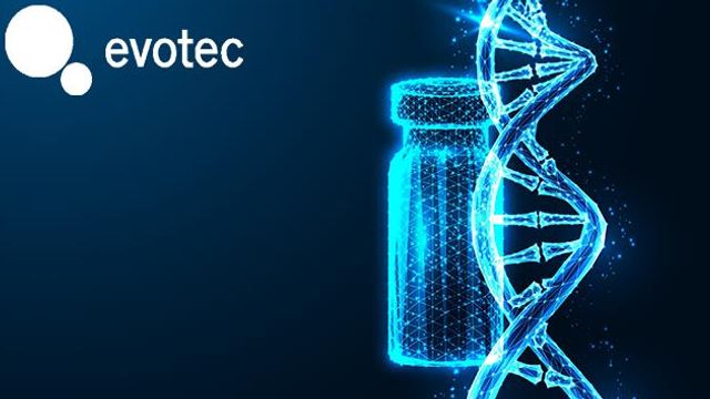 A bright blue vial and a DNA helix on a dark blue background, with the evotec logo in the corner. 