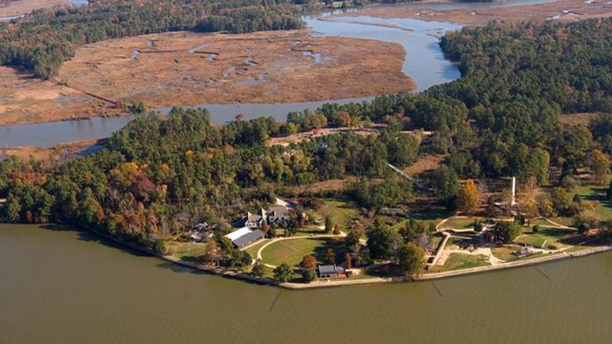 An aerial view of James Island and James Fort. 