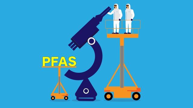 Illustration of two scientists in protective suits on lifts, next to a large microscope and the letters "PFAS" on a smaller lift, against a blue background. 