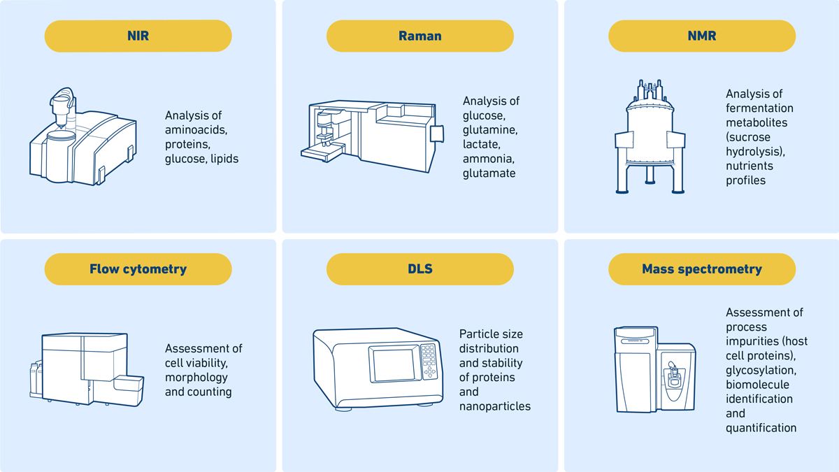 Diagrams of common PAT tools used in upstream bioprocessing