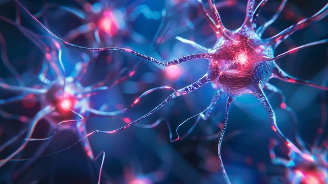 Neural cells with red lights illustrating cell signalling  