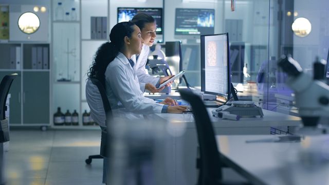 Two scientists looking at a computer screen. 
