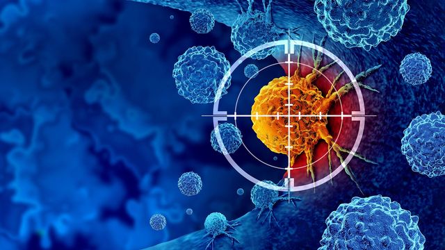 Cancer cell (orange) highlighted in a target crossfire 